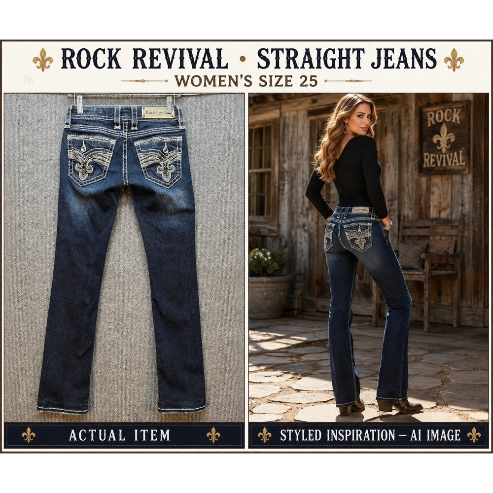 Rock Revival Straight Jeans Womens Yui Dark Wash 25 Excellent Y2K Western Glam